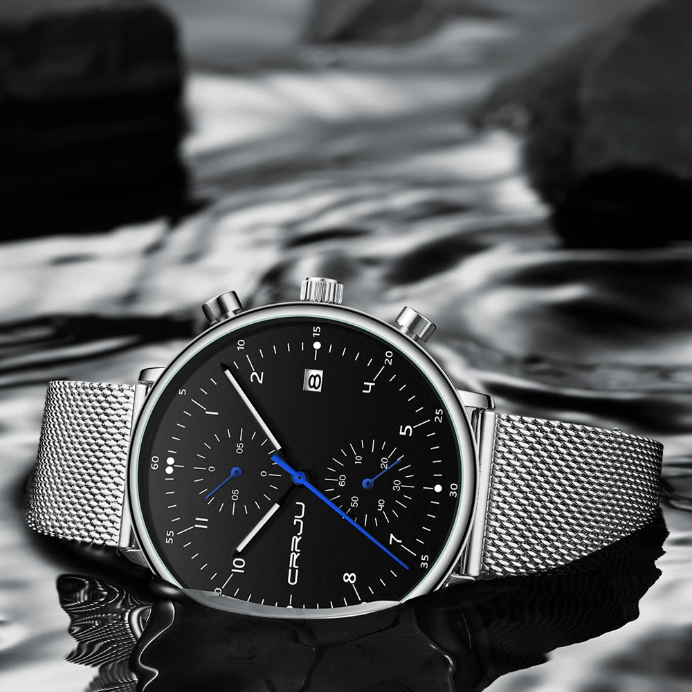 CRRJU Men's Watch Top Brand Luxury Men Wristwatch Male Clock Silver Man Watch Chronograph Waterproof Watches Relogio Masculino