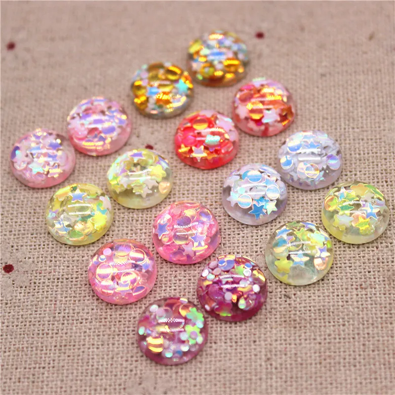 50pcs 12mm Glitter Sequins Filled Resin Round Flatback Cabochon DIY Hair Clip/Jewelry Craft Decoration Accessories