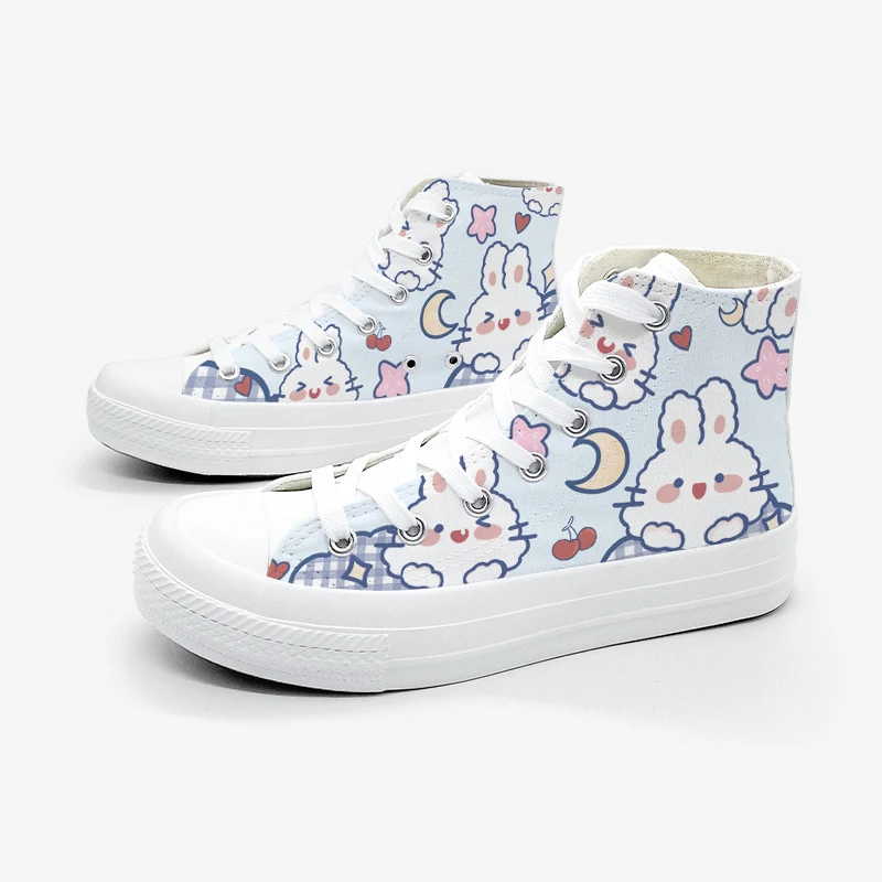 Amy and Michael Original Design Hand Painted Bunny Canvas Shoes Cute Girls Students Casual Sneakers Breahable Plimsolls Lace Up