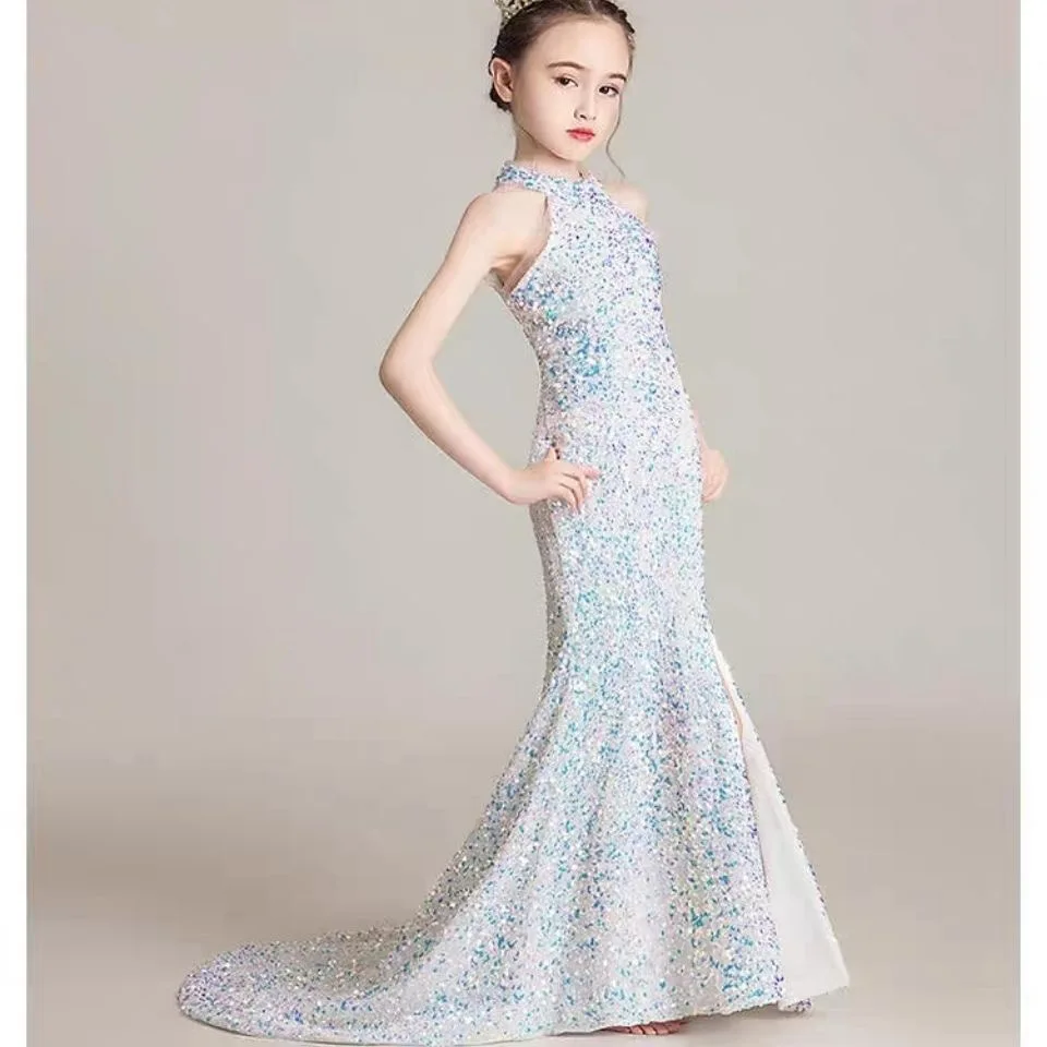 Sequin Kids Ball Gown Flower Girl Tailing Dresses Sleeveless Girl Princess Long Dresses for Kids Communion Wedding Party Clothes