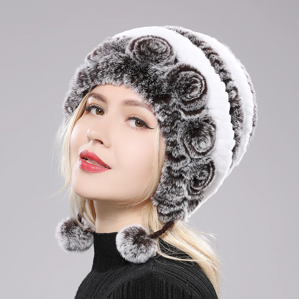 Natural Soft Knitted Rex Rabbit Fur Hat Russian Women Winter 100% Genuine Rex Rabbit Fur Caps Lady Warm Real Rex Rabbit Fur Hats