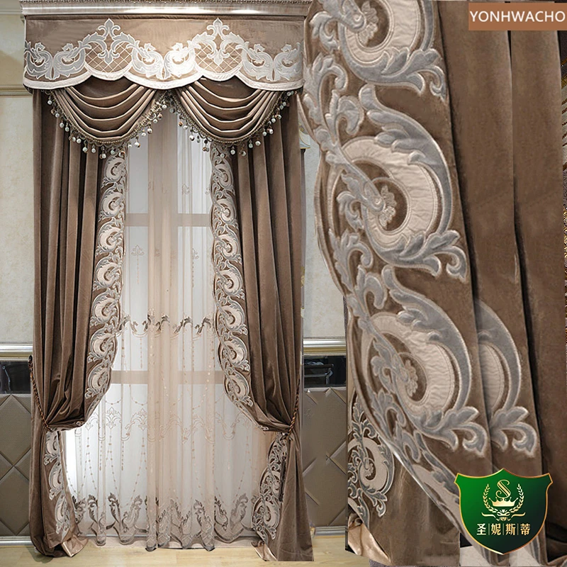 Custom curtain European living room upscale embroidery coffee velvet thick cloth blackout curtain valance tulle panel C267