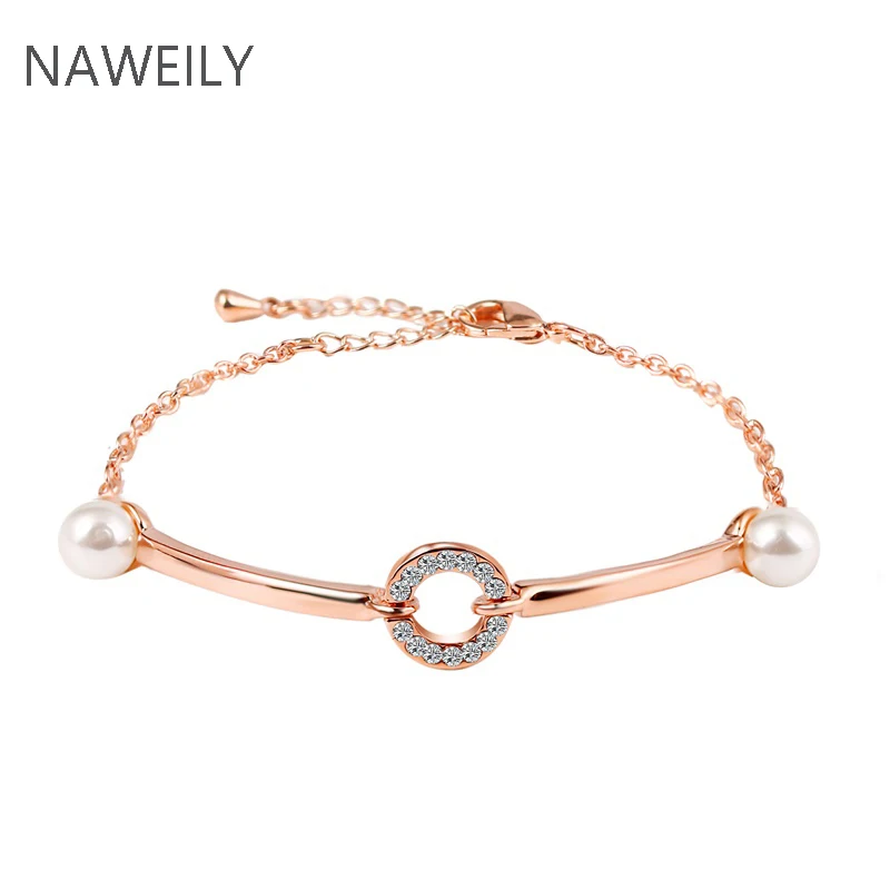 NAWEILY Brand Crystal Circle Charm Bracelet New Fashion Gold Color Simulated Pearl Bracelets Bangles For Women Female Best Gift