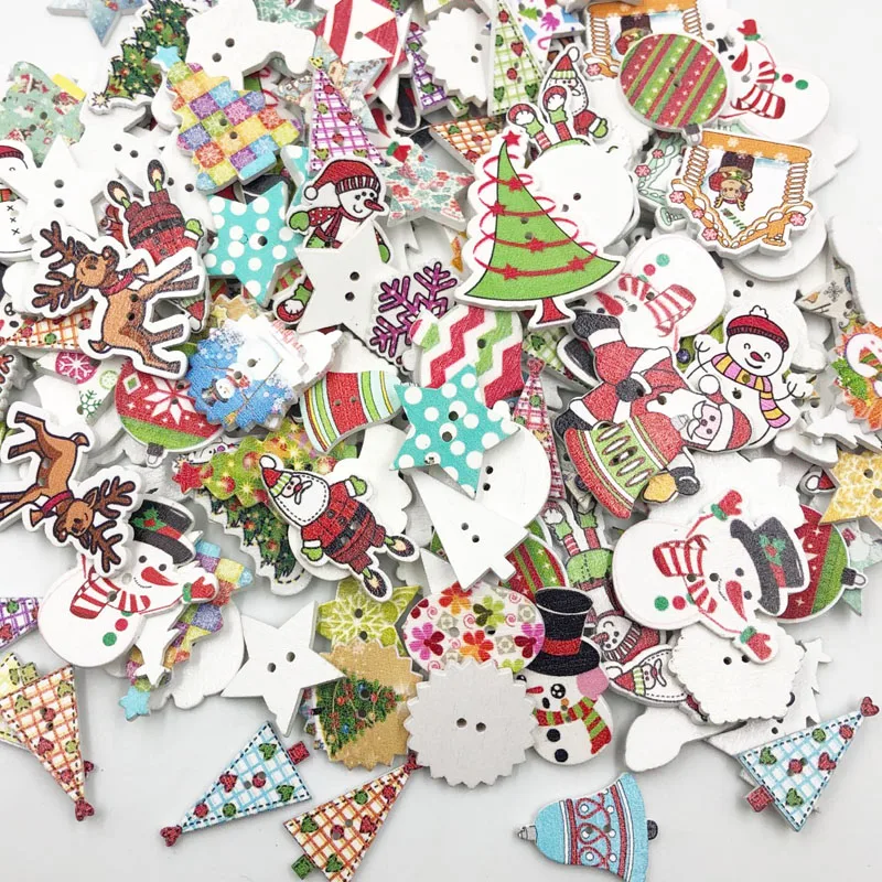 50pcs Mix Merry Christmas tree Decorative Buttons 2 Holes Wood Buttons Fit Scrapbooking Crafts DIY WB648