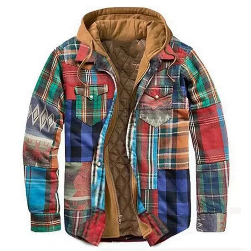 

Winter Jacket Shirt Men Thick Warm Shirts Vintage Plaid Cotton Mens Hooded Shirt Coats 5XL Long Sleeve Camisa Masculina