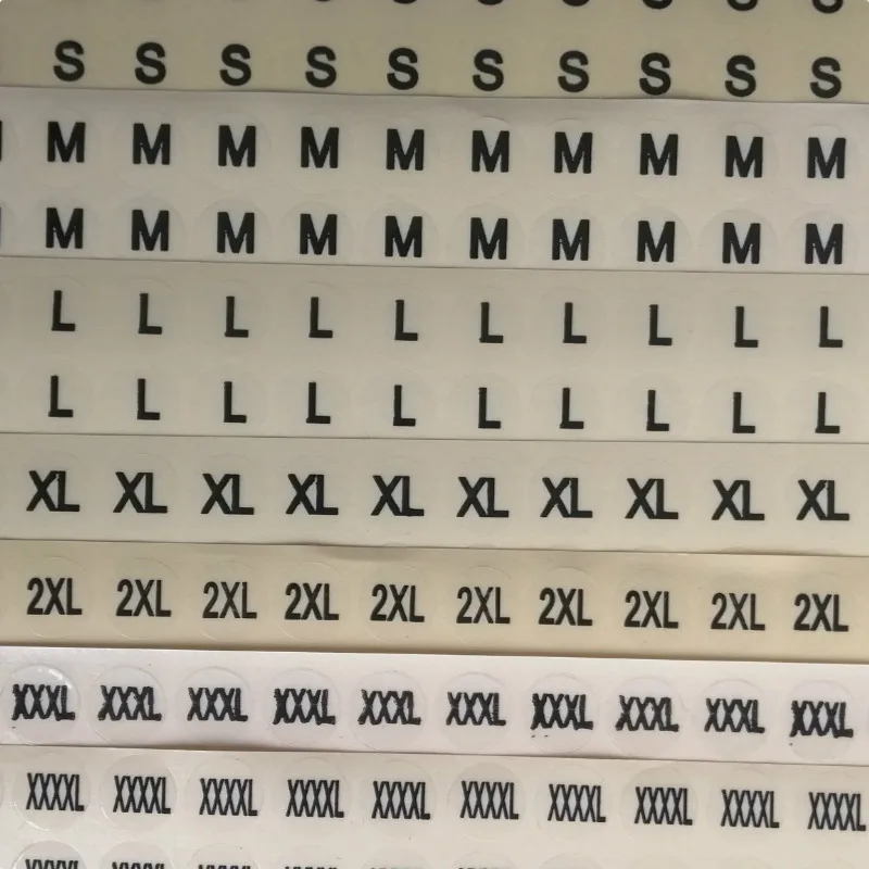 Etichette adesive in PVC trasparente, accessori per vestiti per indumenti, etichette di dimensioni, S, M, L, XL, XXL, XXXL, XXXXL, diametri di 1.3cm
