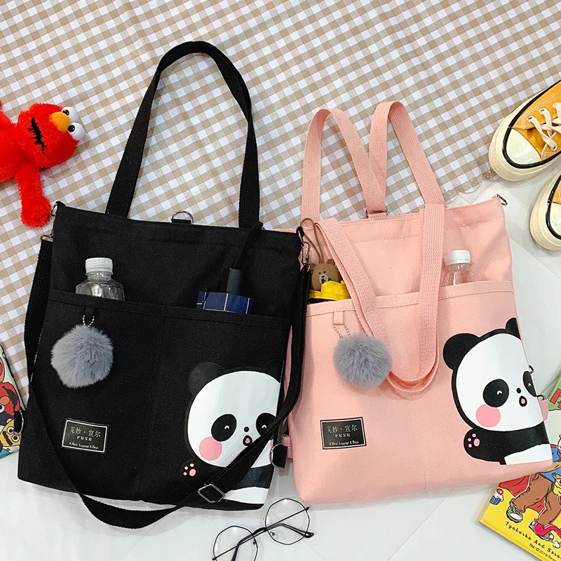 Women\'s Shoulder Bags Canvas Handbags 2023 Girls Shopper Purses Fashion Casual Cartoon Panda Print Large Capacity Crossbody Bags