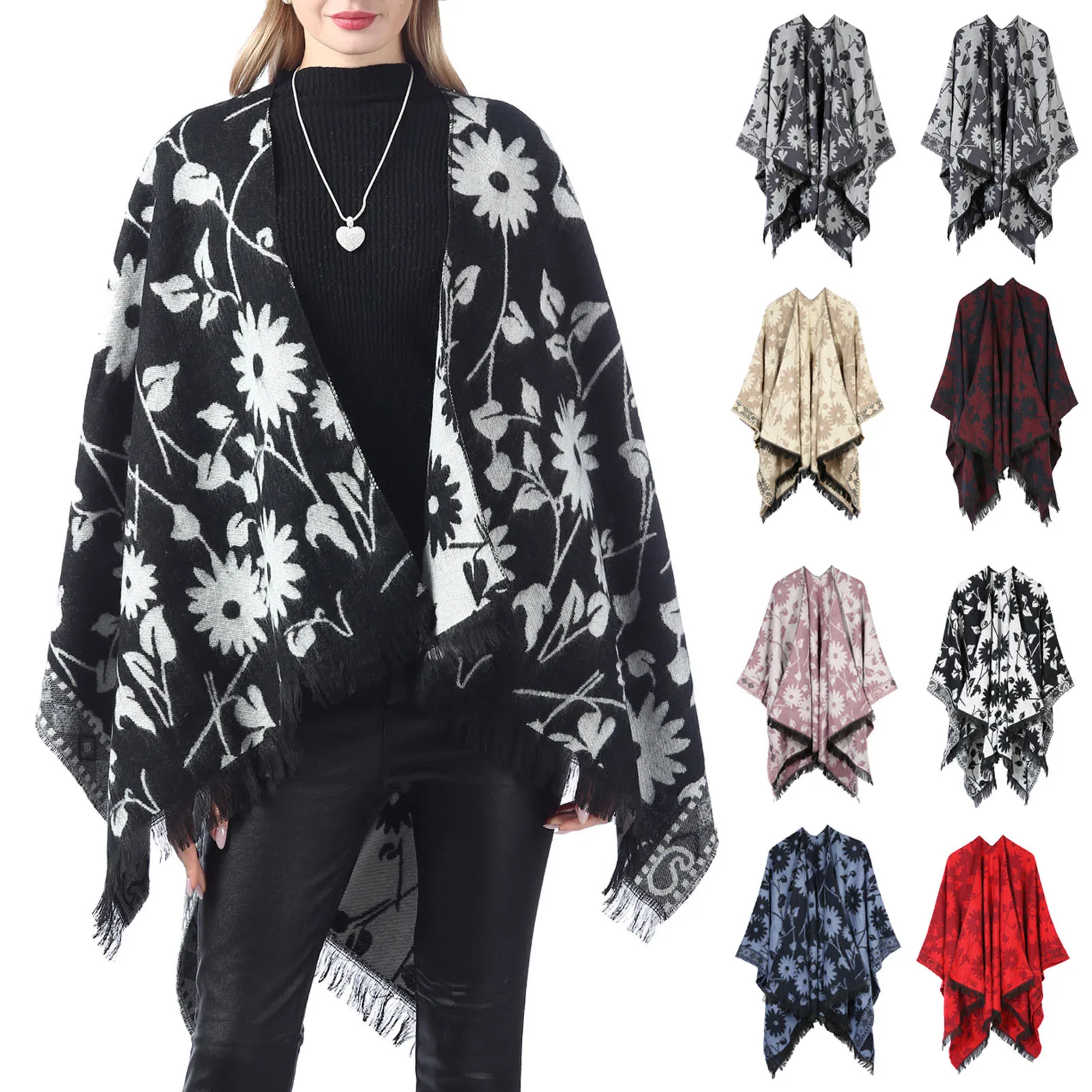 Women's Scarf Wrap Front Cape Oversized Winter Blanket Reversible Cardigan Irregular Hem Tassels Coat Loose Knitted Pullovers#c