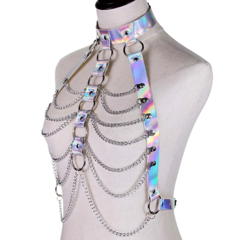 Decopunk Holographic Body Chain Harness Top Punk Women Holo Rainbow Waist Jewelry Festival Rave Outfit Designer Belt Women