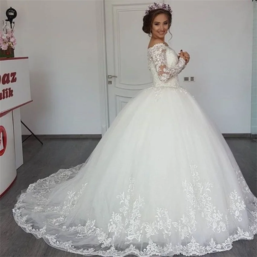 

Vestidos de novia Luxury Lace Appliques Ball Gown Wedding Dress robe de mariée Long Sleeve Boat Neck Bridal Gowns Long Train