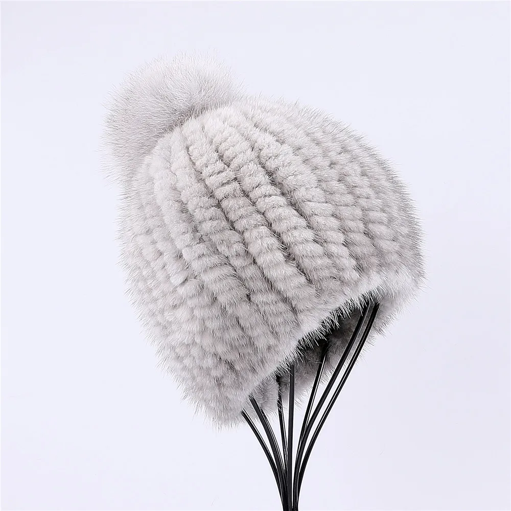 

100% real mink fur hat women winter knitted beanie Russian Girls cap with fox fur pom poms thick female cap Elastic