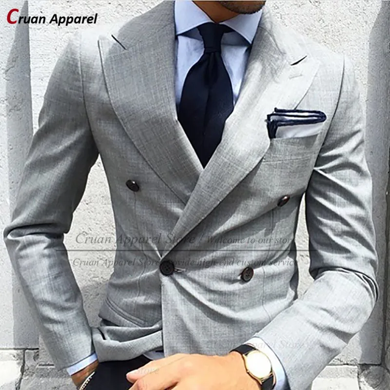 

(One Blazer) Double Breasted Light Grey Blazers Men Slim Fit Peak Lapel Groom Wedding Suit Jacket Tailor-made Best Man Tuxedos