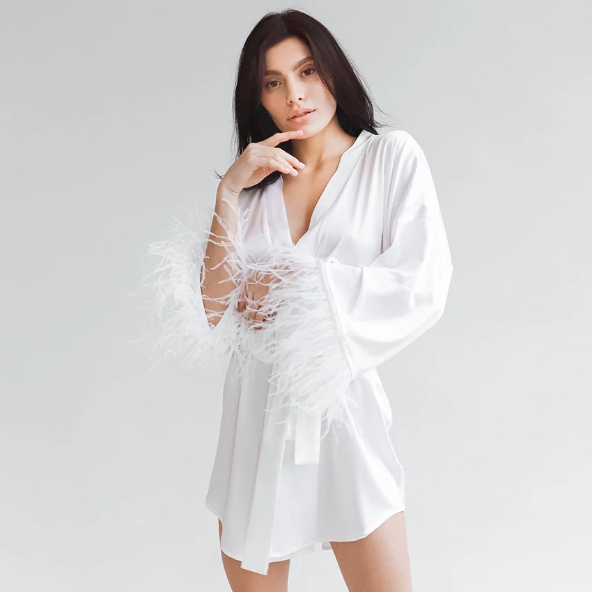 

Hiloc White Satin Pajamas With Feathers Peignoirs For Women Robe Long Sleeve Wedding Dress Bride Sexy Mini Dress Black Bathrobes