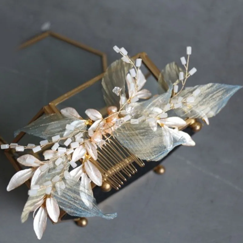 metal Leaves Pearl Mori crepe Hair combs women girls party Headwear bride headpiece