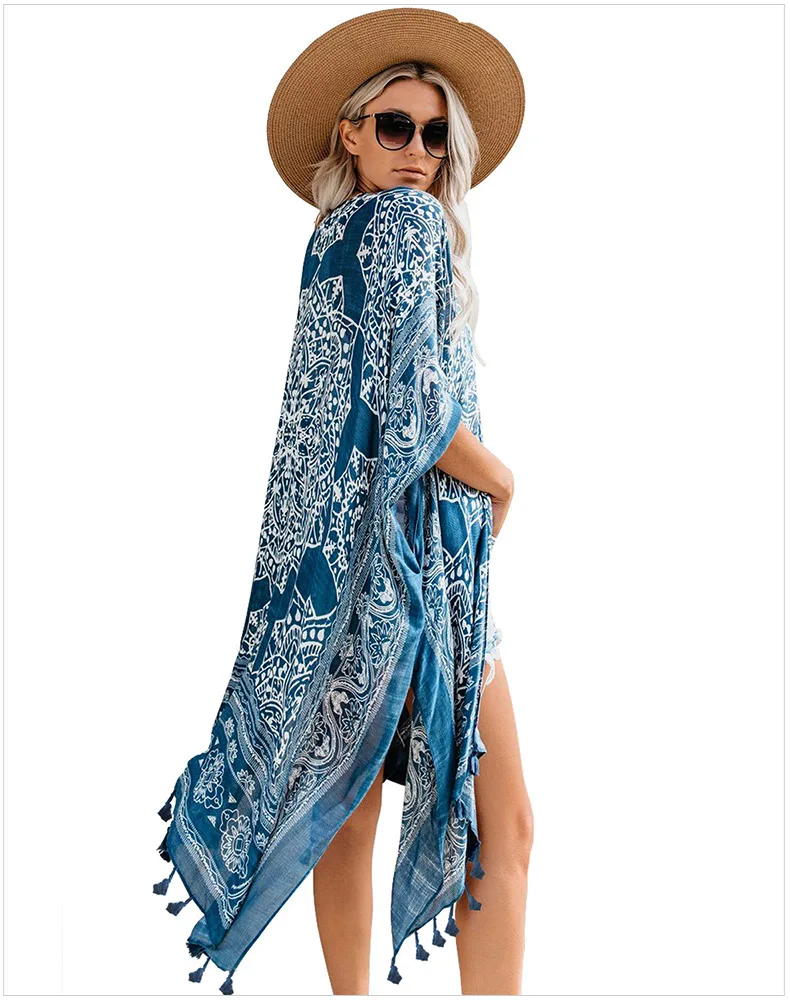 TEELYNN z etnicznym kwiatowym nadrukiem długa bluzka boho bikini na plażę coverup damska suknia fringe tunika letni kardigan swim kimono cover up