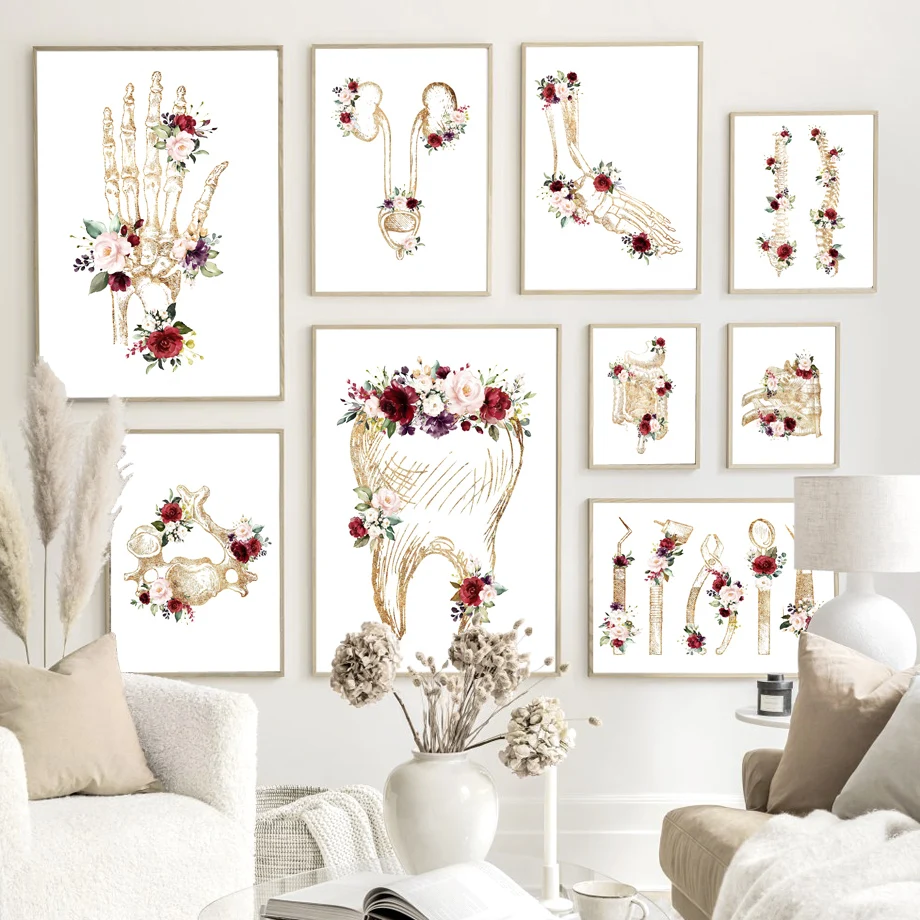 

Human Anatomy Bone Tooth Flowers Vintage Posters Art Prints Medical Wall Art Canvas Painting Doctor Clinic Pictures Decor Gift