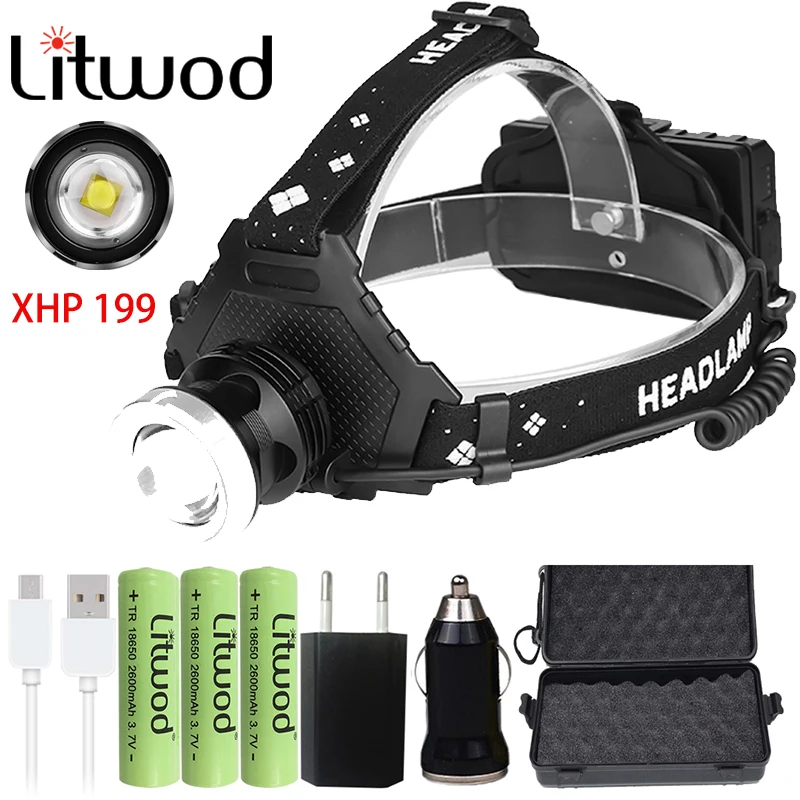 litwod xhp199 super brilhante usb recarregavel led farol farol mais poderoso pesca camping zoom tocha 18650 bateria 01