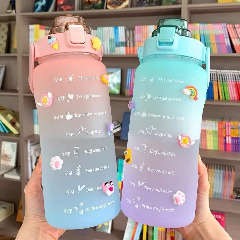 2L Large-capacity Water Bottle With Bounce Lid Timeline Reminder Leak-proof Frosted Cup For Outdoor Sports And Fitness