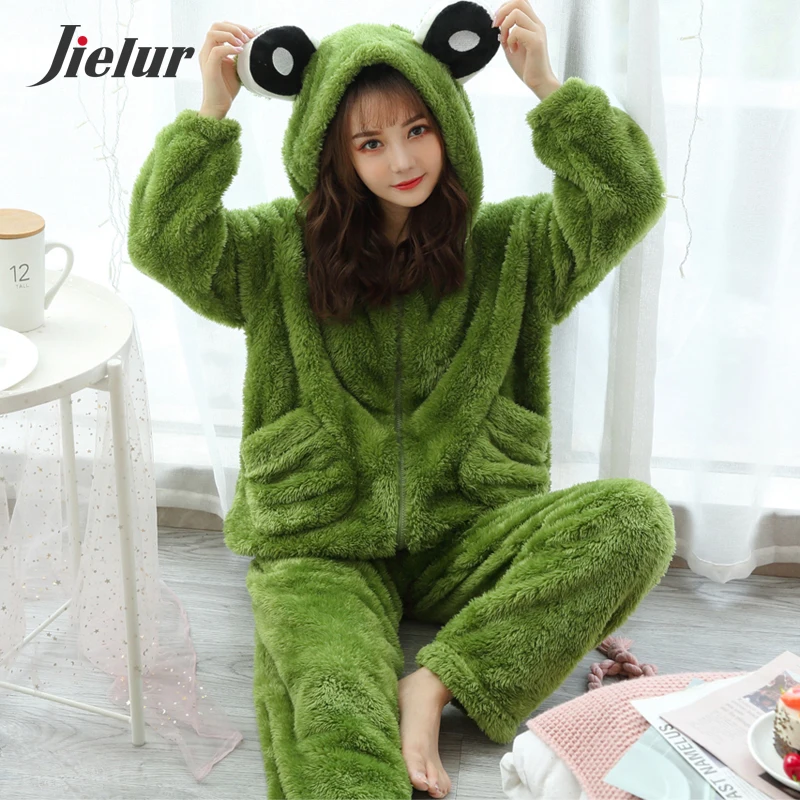 Jielur Warm Women Pajama Sets Winter Lady Long Sleeve Shirt+Pants Home suit Hooded Cartoon Print Thick Pijama Feminino