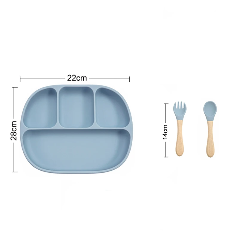 Newly Designed Four-Compartment Dinner Plate Food Grade Silicone Suction Plate Wooden Handle Fork Spoon Children's Product