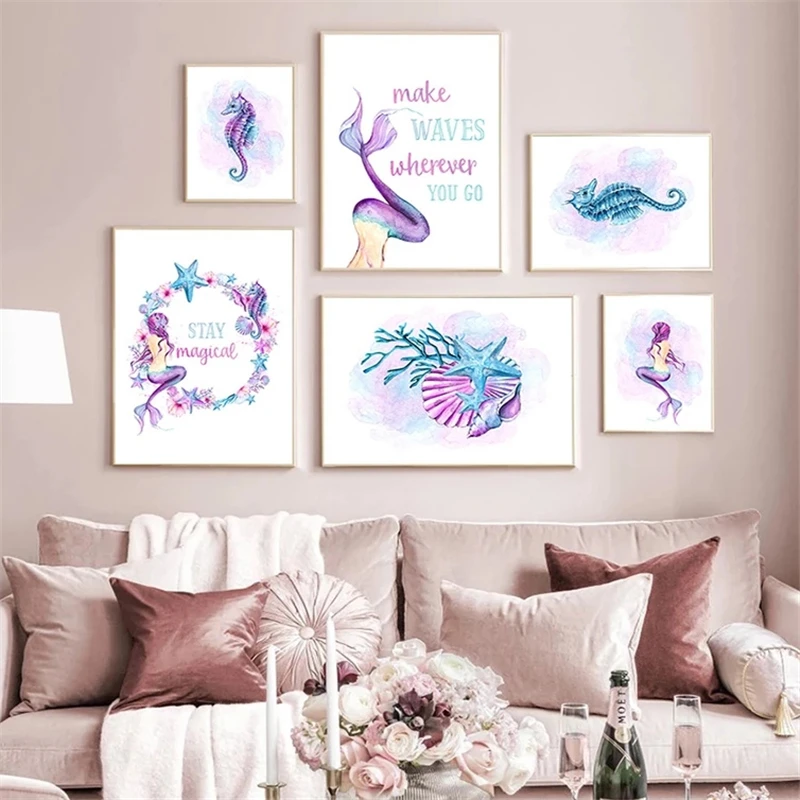 Starfish Hippocampus Mermaid Poster Cartoon Nordic Poster and Print White Purple Canvas Painting Picture Wall Art Home Decor view 3