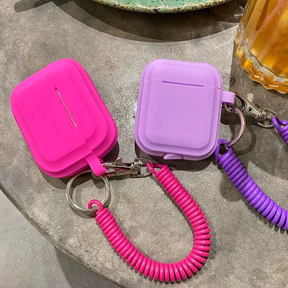 Case For Airpods 1/2/3/4 Silicone Solid Color Protective Earphone Cover For Apple Air Pods Pro 2 Spring Fexible Chain Keyring