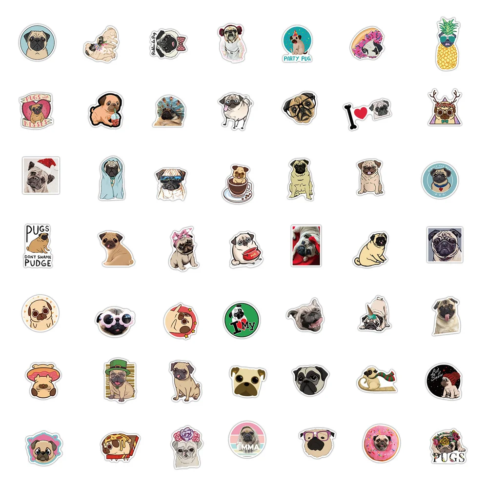 10/30/50PCS Cute Animal Pug Graffiti Waterproof Sticker Suitcase Notebook Refrigerator Skateboard Stationery Box HelmetWholesale