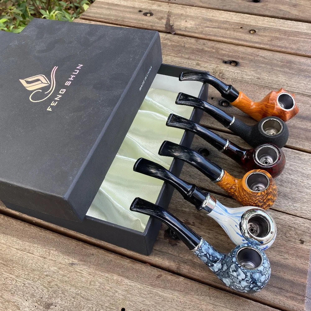 New Traditional Style 6Pcs/Set Class Style Tobacco Smoking Pipe Wood Resin Filter Holder with Gift Box