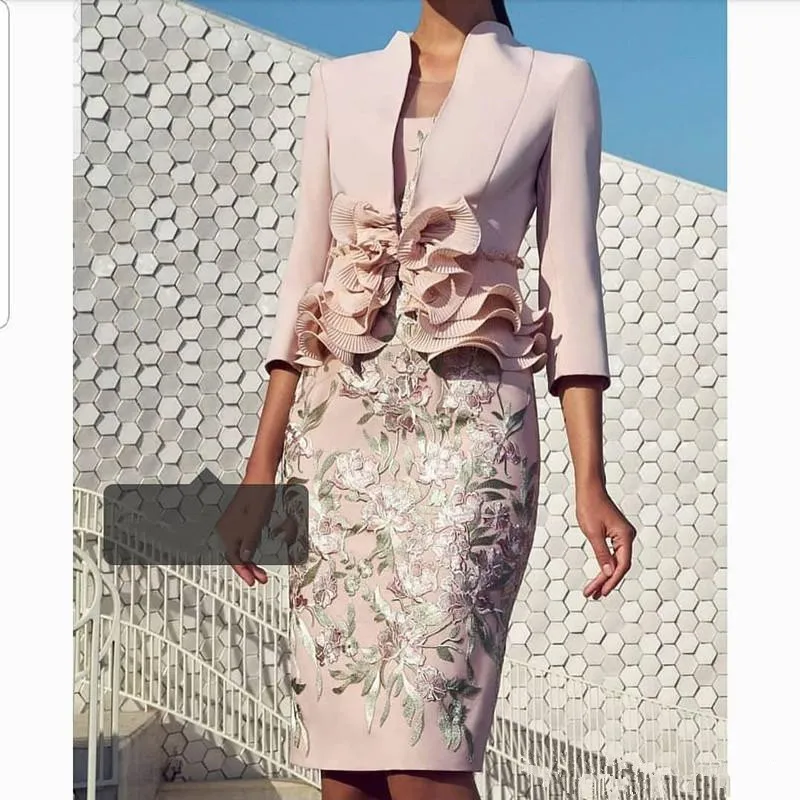 Vestido rosa pálido para madre de la novia, traje de manga larga con volantes de encaje, hasta la rodilla, Formal, para fiesta y invitados de boda,