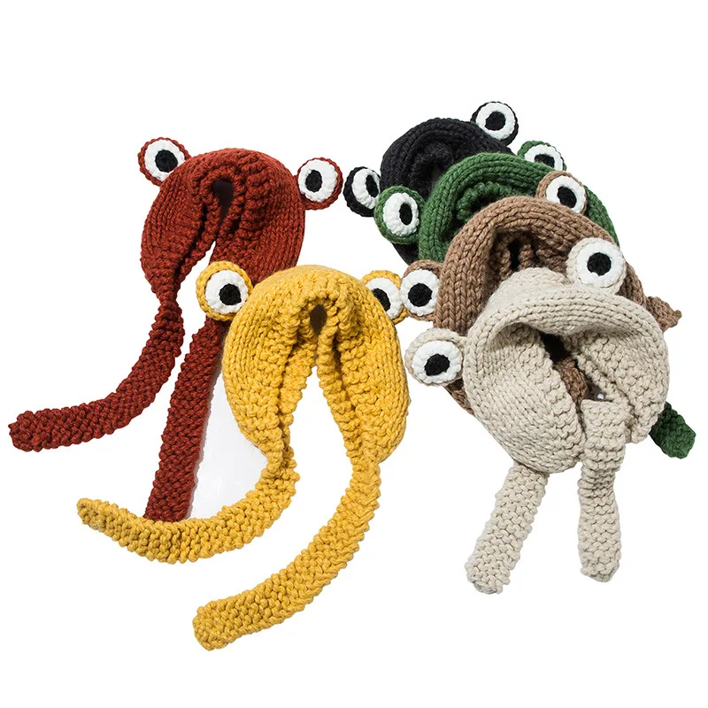 Funny Frog Hat Unisex Women Knitted Winter Warm Beanie Hat Cute Cartoons Crochet Hat Hip-hop Skullies Cap Party Dress Up