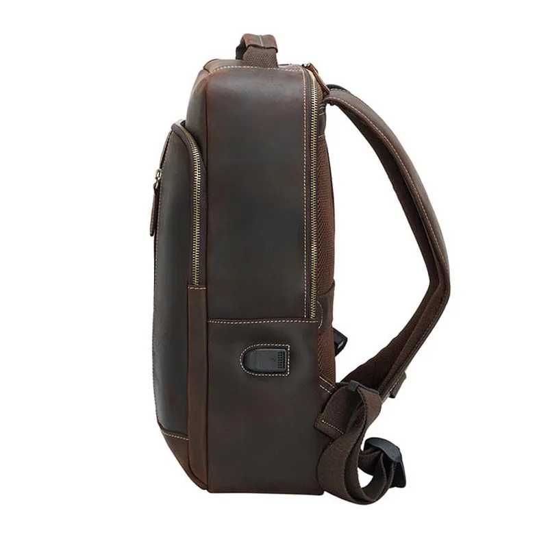 Top Layer Genuine Leather Men's Backpack Fit 15.6' Laptop Man Business Backpack USB Charge Male Rucksack Travel Bag School Bags
