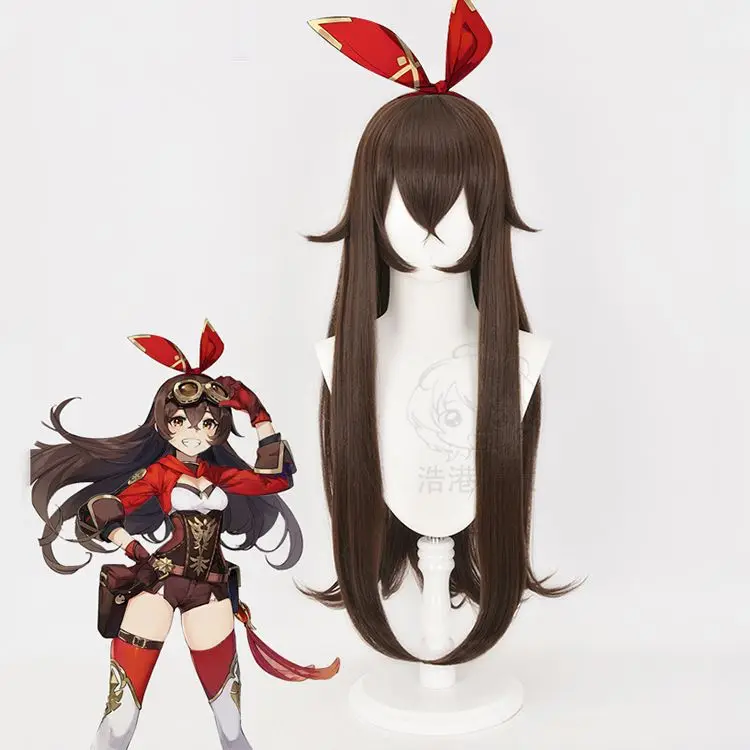 

Genshin Impact Game Cosplay Amber Wig Dark Brown Long Hair Accessories Hair Band Glasses 2021 Anime Drop Shipping+ Free Wig Cap