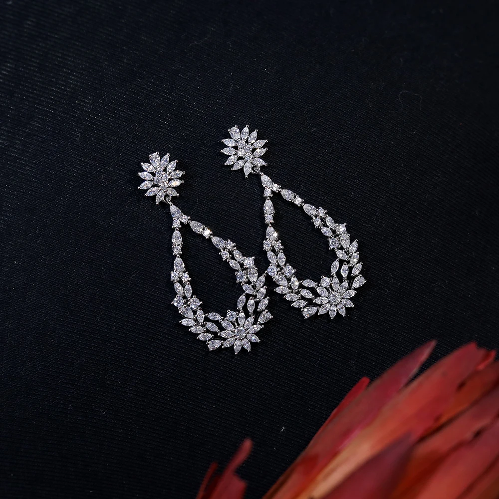 Fashion Marquise Zirconia Wedding Long Drop Earrings for Women Party Silver Color Flower Dangle Earrings Party Jewelry E0059