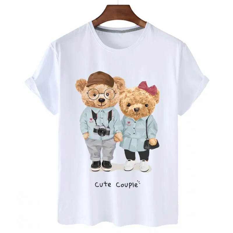 100% Cotton Couple Bear Print Short-sleeved T-shirt Female Half-sleeved Summer Casual 1 Couple Oversized T-shirt Ladies Shirt