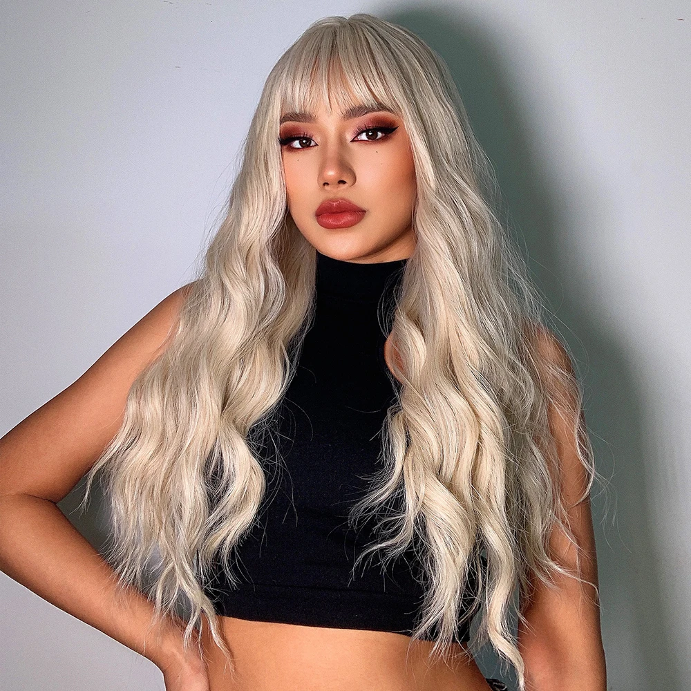 Esin Synthetic Light Blonde Ombre To Platinum Long Body Wave Hair Wigs With Bangs For Women Cosplay Natural Heat Resistant