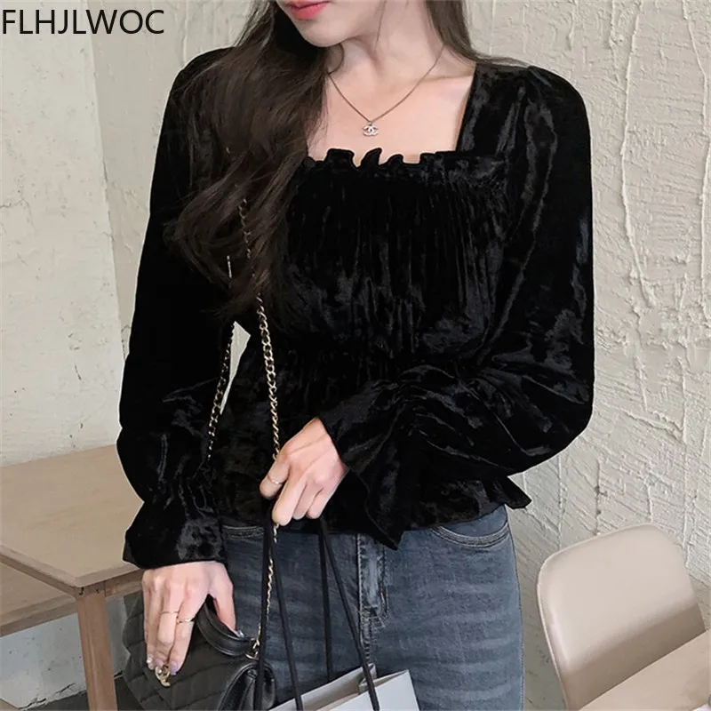 Chic Korea Cute Sweet Soft Velvet Peplum Tops Women Flare Sleeve Strapless Preppy Style Date Wear Vintage Shirt Blouse