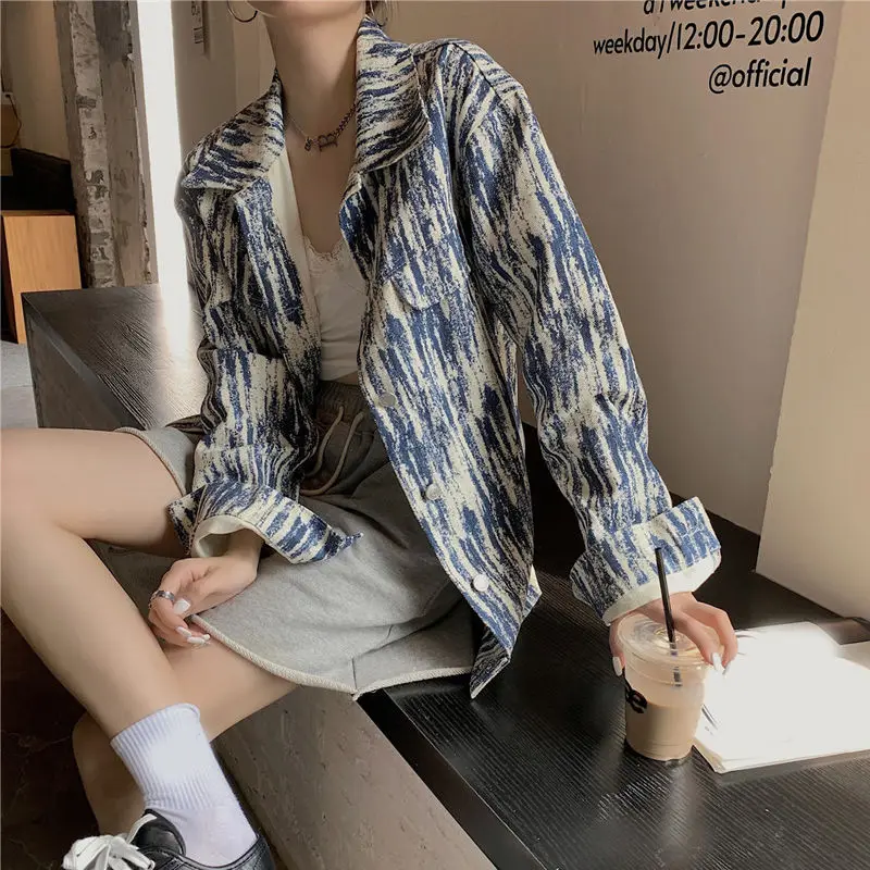 Girls Jean Coat Tie-dyed COTTON Streetwear Spring Autumn New Fashion Outerwear Full Turn-down Collar Single Breasted Girls Coat