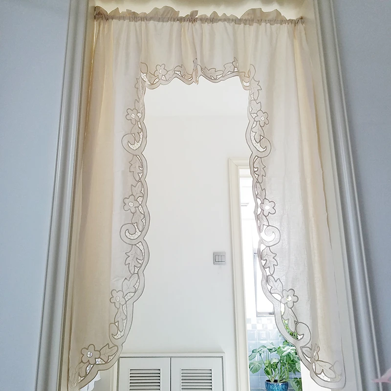 Short Coffee Curtain Retro Hollow Hem Wear Pole Triangular Curtains for Bar Kitchen Cabinet Door and Window