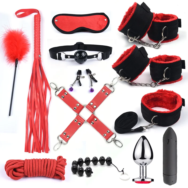 Bdsm 10 Speeds Vibrator Bondage Set Metal Sex Toys for Women Men Handcuffs Sex Nipple Clamps Whip Spanking Rope