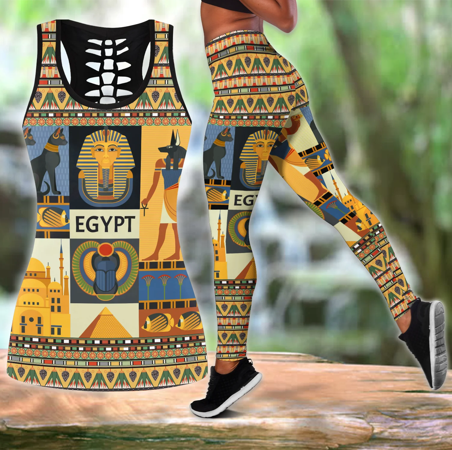 Ancient Egyptian Mythology 3D Printed Hollow Tank Top & Leggings Set Fitness Female Full Length Leggings Yoga Pants LKB-17