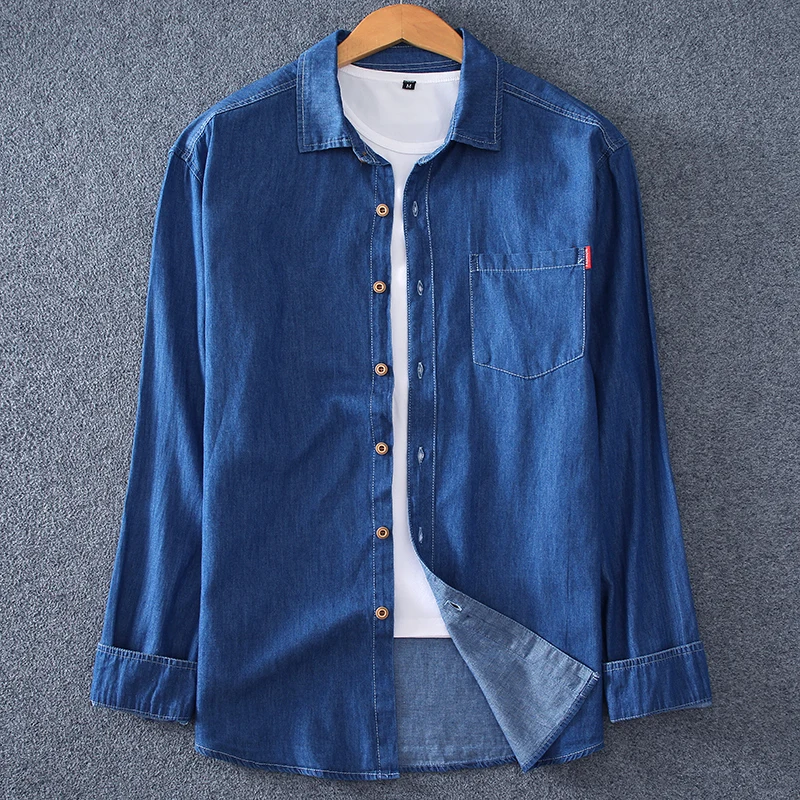 Men\'s denim long-sleeved shirt. 100% cotton summer fashion solid color breathable and comfortable lapel (oversized plus size)
