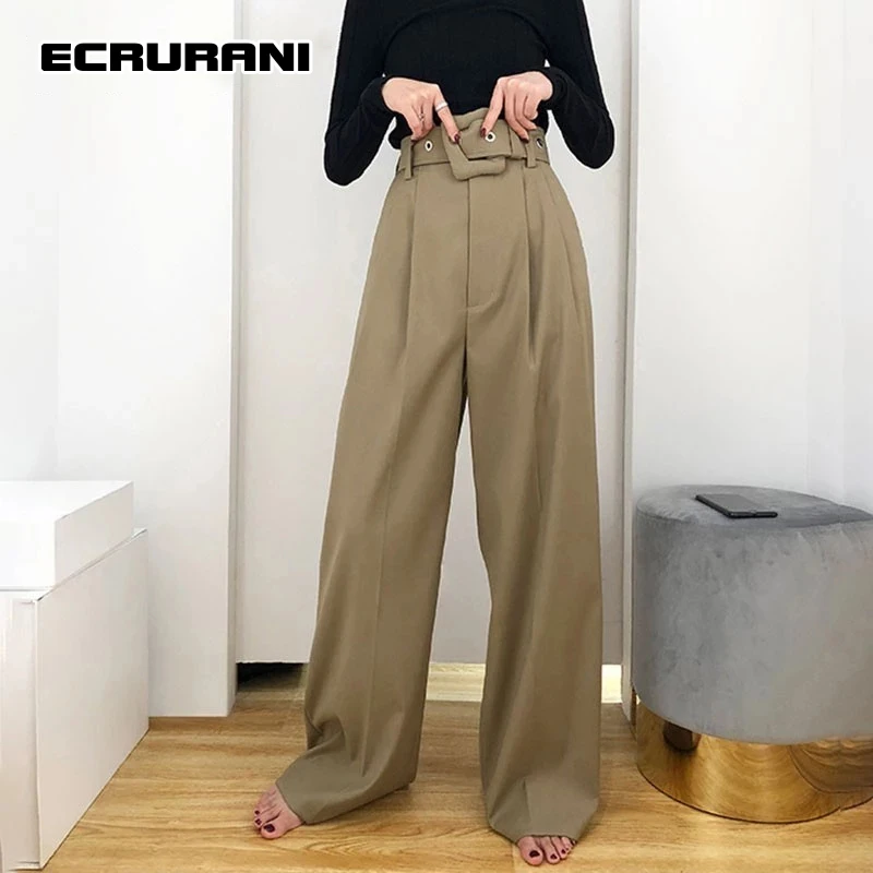 

ECRURANI Black Loose Trouser For Women High Waist Casual Minimalist Wide Leg Pants Female 2021 Fashion New Clothing Spring Tide