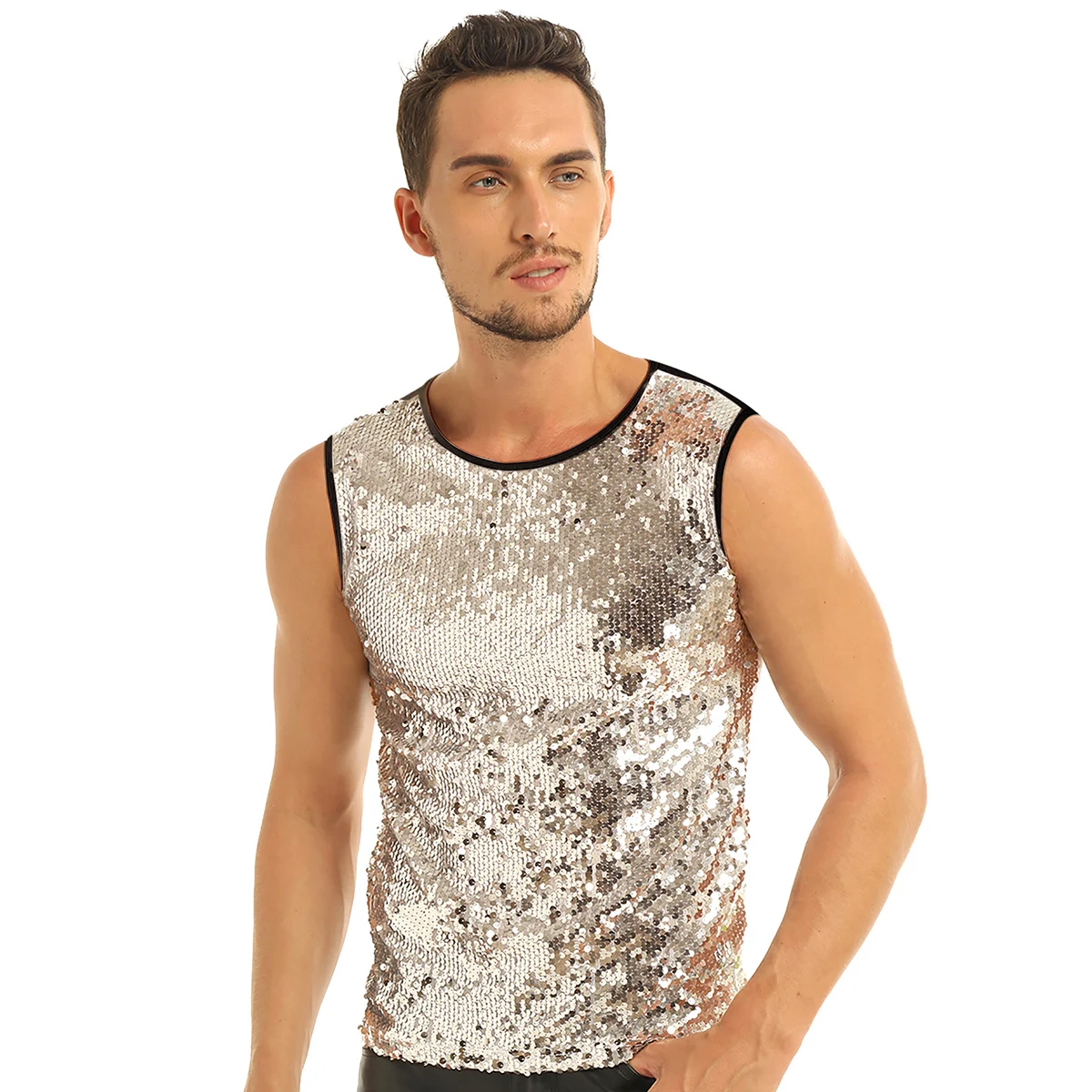 MSemis Men\'s Glitter Sequins Tank Top Fashion Summer Crop Top Vest Slim Muscle Tank Tops Hip Hop Clubwear Stage Rave Costume