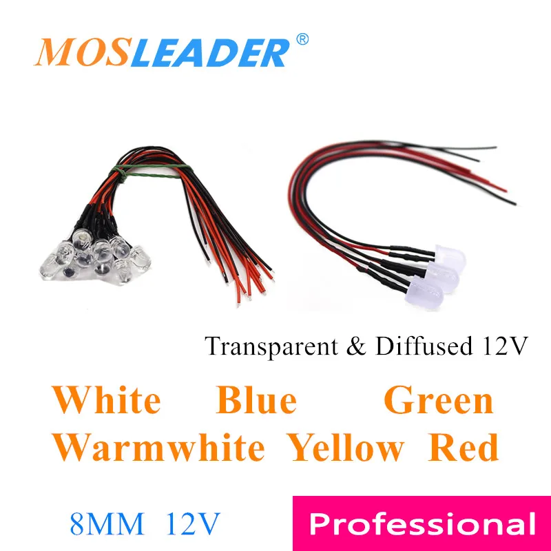 Mosleader 500pcs 8MM 12V LED with wire 20CM White Blue Green Warmwhite Yellow Red Transparent Diffused Prewired Emitting Diode