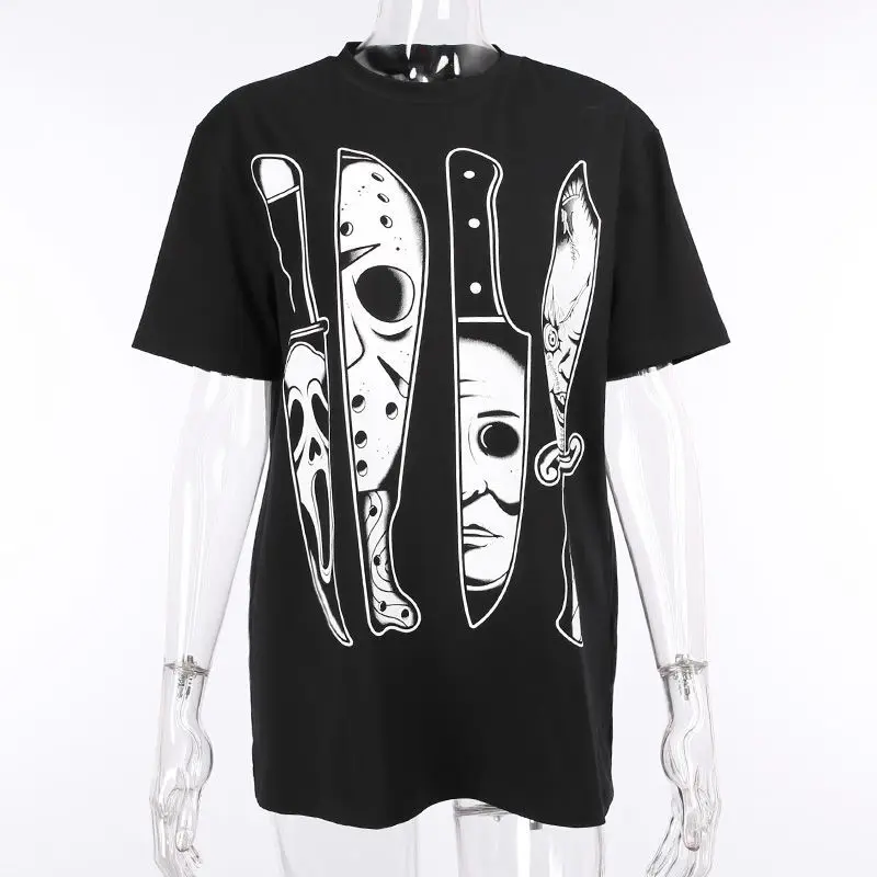 Harajuku y2k streetwear tops impressão dos desenhos animados t-shirts moda casual preto algodão punk gótico vintage solto manga curta