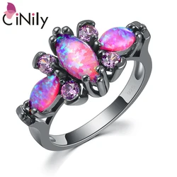 CiNily Pink Big Fire Opal Stone Black Gold Color Rings Purple Violet Zircon Crystal Butterfly Animal Ring Fashion Jewelry Women