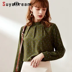 SuyaDream Women Printed Stand Collar Blouses 100% Silk Crepe Long Sleeved Office Blouse Shirt 2022 Office Lady Shirts