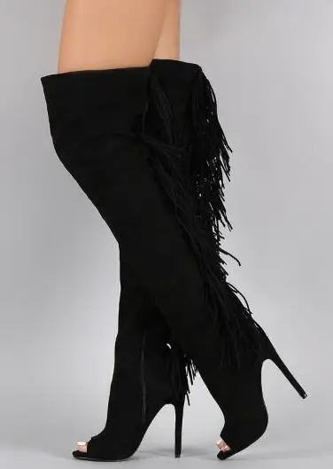 

Hot Purple Red Black Suede Peep Toe Tassel Fringe Back Stiletto Heels Over The Knee High Boots Slim Sexy Lady Long Boots Woman