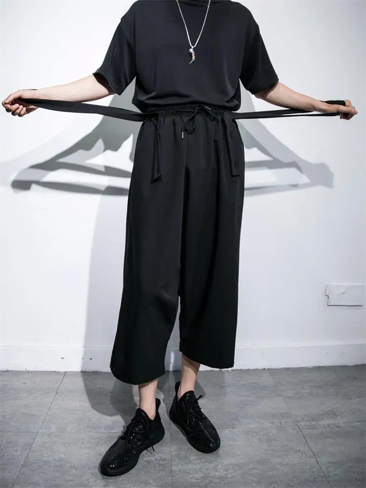 

Men's new summer dark super loose micro-span culottes casual straps loose large size cropped trousers