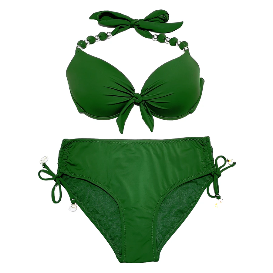 EONAR-Push Up Bikini Sets, Shoulder Strap, Beads Swimsuit, Mid Waist Bikini Sets, Full Coverage Bathing Suits, Swimwear